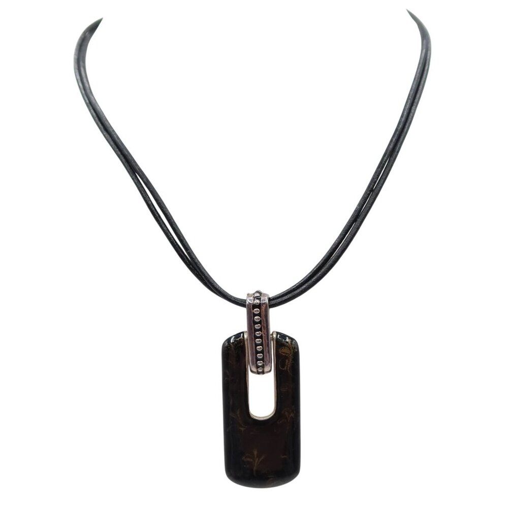 CHICOS Enamel Bamboo Pattern Pendant Cord Silver Tone Necklace Asian Inspired